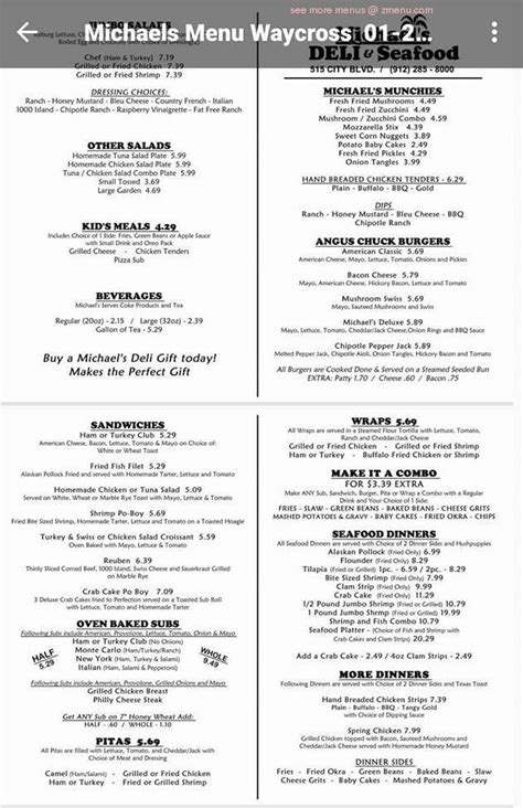 Michael's deli waycross menu - 4Michael's Deli Waycross. 10AM - 9PM. 515 S City Blvd, Waycross. Sandwich Shops. “The Philly cheese steak, while sub, with extra meat and banana peppers, is the greatest sandwich. I have yet to find anyone who can top it.Food: 5/5”.